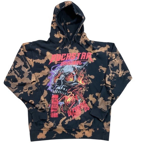 Rockstar Original Bleach Skull Hoodie sz Large Heavily Distressed Flame Graphic - Picture 1 of 16